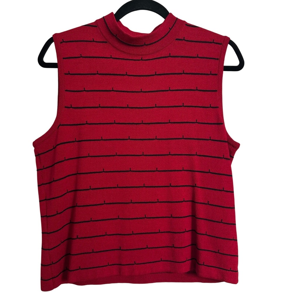 Vintage 2002 St. John Red Black Striped Knit Mock Neck Tank Top Medium